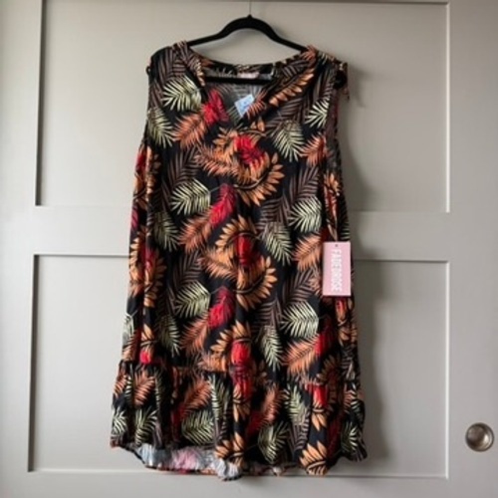 Faded Rose Tropical Palm Dress Womens 2X Black Red Sleeveless Ruffle Hem